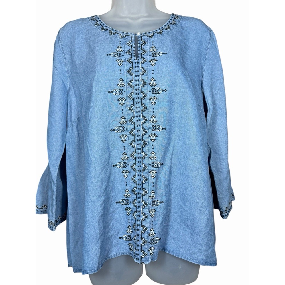 J.Jill Denim Tencel Embroidered Western Chambray Bell‎ Sleeve Tunic Top Medium